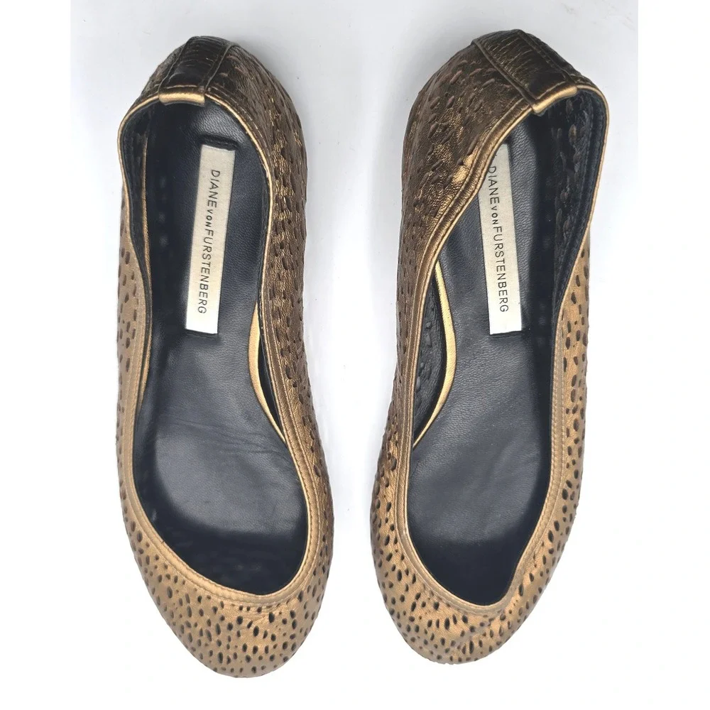 Diane von Furstenberg DVF Bronze Metallic Perforated Leather Ballet Flats 6 M